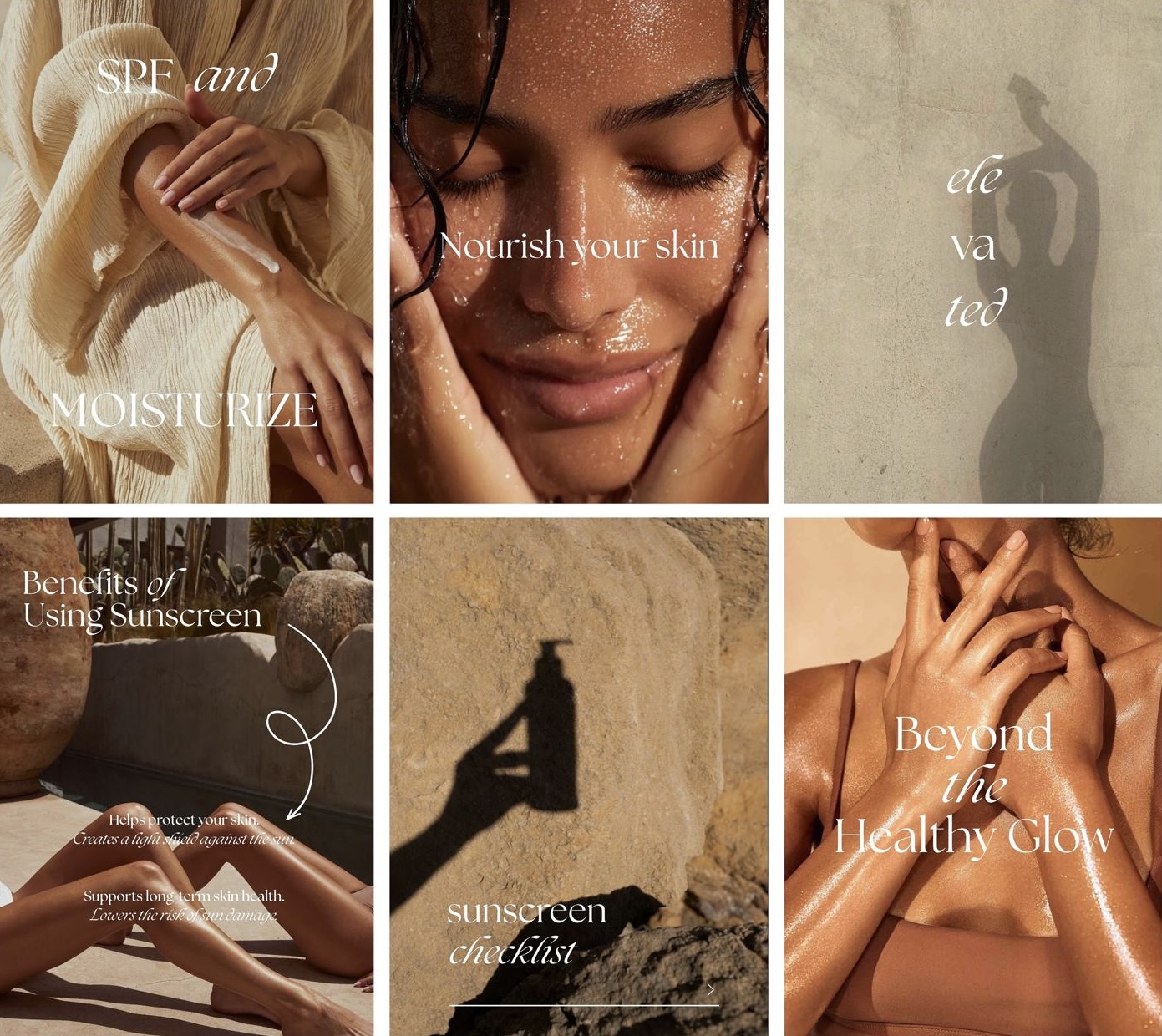 Social media feed voor skincare merk in warme tinten
